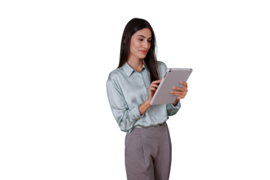 Businesswoman using digital tablet, smiling and browsing content, professional woman working with technology