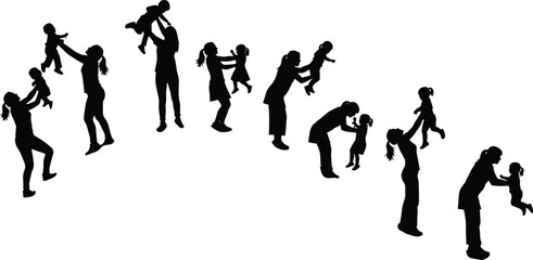 Naklejka premium Family bonding, parent child love, emotional connection, silhouette art, playful moments, nurturing care, happy childhood, black figures, affection, support