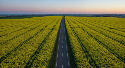 Fototapeta premium Spring Rapeseed Bloom with Rural Road Aerial Photography