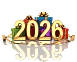 Shiny gold “2026” surrounded by colorful gift boxes and golden ribbon wave, soft reflection below on white background