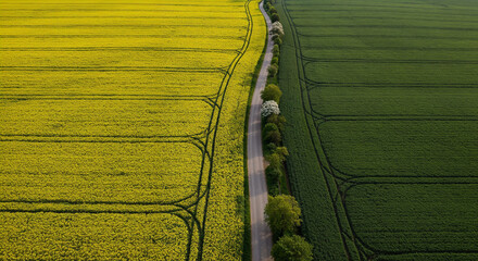 Obraz premium Spring Rapeseed Bloom with Rural Road Aerial Photography