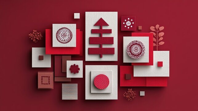 Modern red Christmas promotional poster featuring a geometric tree constructed from stacked rectangles, surrounded by patterned squares and traditional Chinese auspicious phrases for festive marketing
