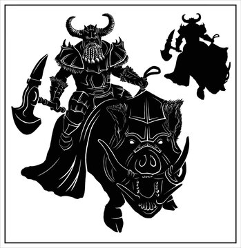 The silhouette of a fantasy character, a kind dwarf with a gray beard in armor, riding a boar. An old northern warrior in a helmet holding an axe in his hand in full height, without a background.