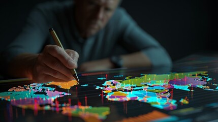 A professional analyzes global markets using digital tools on a vibrant map