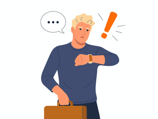 A thoughtful illustration of a man looking at his watch, signaling urgency, to convey themes of time management, pressure, and anticipation before a significant event.