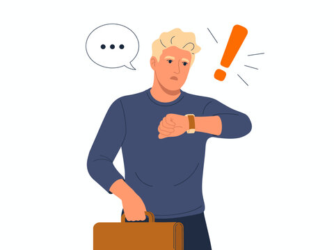 A thoughtful illustration of a man looking at his watch, signaling urgency, to convey themes of time management, pressure, and anticipation before a significant event.