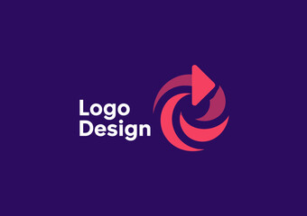 A modern logo design featuring a stylized play button in a dynamic swirl, symbolizing creativity, innovation, and forward-thinking branding in digital media.
