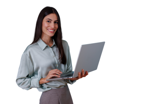 Businesswoman smiling, holding laptop, using technology for work, standing with smart casual outfit on transparent background - Powered by Adobe