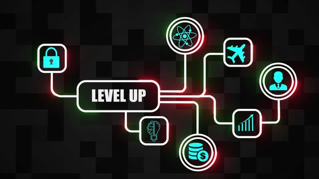 Level up concept for business growth, personal development, and digital success, featuring 3D animated graphics, futuristic interface, gamified achievement system