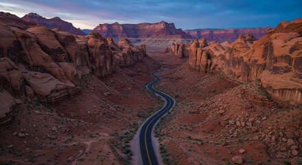 Drone Photography of Canyon Road Through American Southwest Red Rocks Landscape