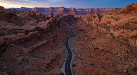 Drone Photography of Canyon Road Through American Southwest Red Rocks Landscape