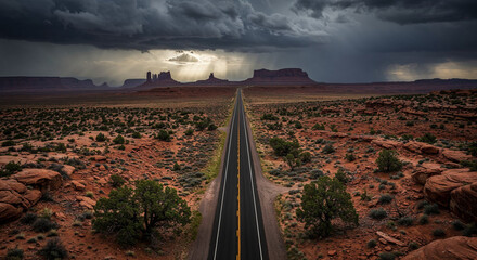 Drone Photography of Canyon Road Through American Southwest Red Rocks Landscape