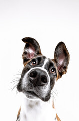 A close-up of a dog's head peeking out from behind a white background, front view. Dog peeking out from behind a white border. Web banner. Cute pets. Funny dog ​​on a white background with space for t
