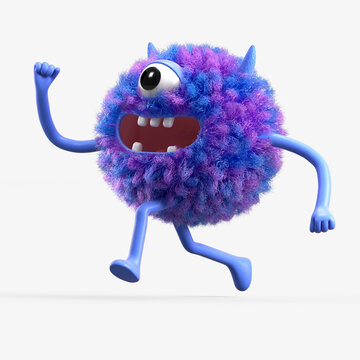 Fluffy, cute monster joyfully running, symbolizing happiness or excitement. 3D rendering, conceptual image. Isolated on white background.