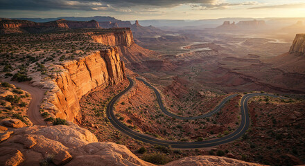 Drone Photography of Canyon Road Through American Southwest Red Rocks Landscape
