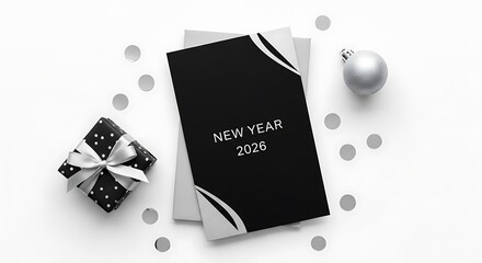 Elegant New Year 2026 greeting card with gift and ornament on white background
