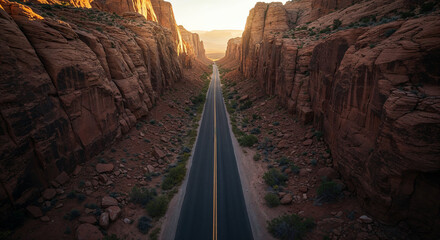 Drone Photography of Canyon Road Through American Southwest Red Rocks Landscape
