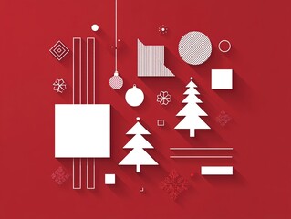 Modern geometric Christmas poster with layered triangle trees, decorative shapes, and traditional Chinese New Year greetings on a vibrant red background, ideal for festive cross-cultural promotions.