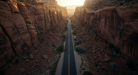 Drone Photography of Canyon Road Through American Southwest Red Rocks Landscape