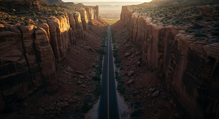 Drone Photography of Canyon Road Through American Southwest Red Rocks Landscape