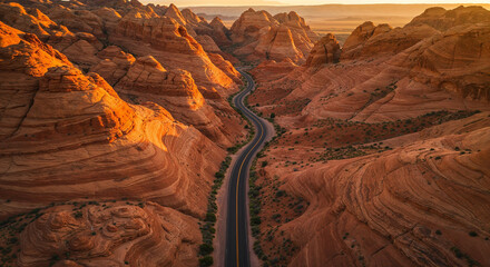 Drone Photography of Canyon Road Through American Southwest Red Rocks Landscape