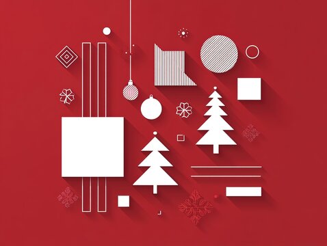 Modern geometric Christmas poster with layered triangle trees, decorative shapes, and traditional Chinese New Year greetings on a vibrant red background, ideal for festive cross-cultural promotions.
