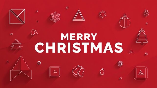Bold Christmas promotional poster featuring large "MERRY CHRISTMAS" text surrounded by minimalist white outline icons of holiday symbols on a solid red background. - Powered by Adobe