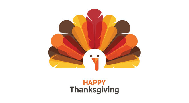 Stylized cartoon turkey with colorful fanned tail feathers and happy thanksgiving text on a white background