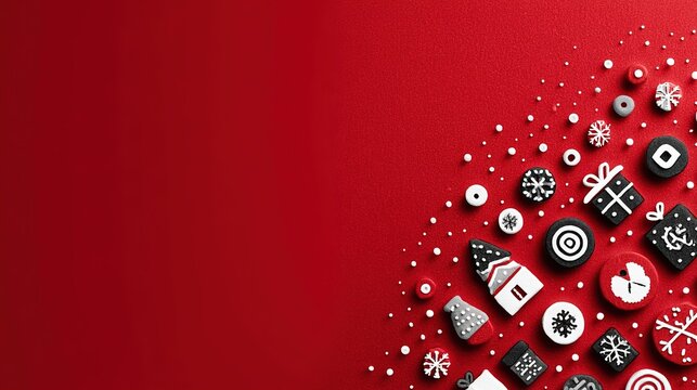 Modern Christmas poster with a cluster of black and white decorative elements including houses, gifts, and polka-dot shapes on a bold red background for festive promotions.