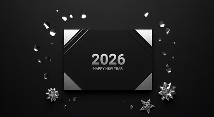 Elegant 2026 New Year invitation design on black background with gift bows and decor