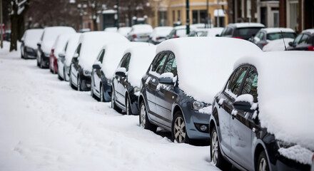 Fototapeta premium Snow-covered parked cars on urban street symbolizing winter stillness