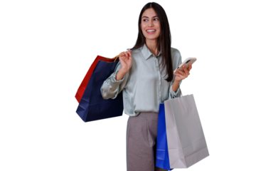 Happy woman shopping, carrying colorful bags, holding phone, enjoying retail therapy and modern consumer lifestyle, transparent background