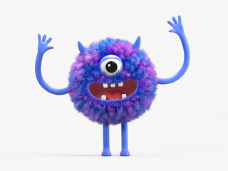 Fluffy, cute monster with raised arms, symbolizing excitement or victory. 3D rendering, conceptual image. Isolated on white background.