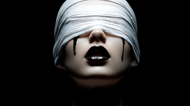 Dramatic portrait of a mysterious woman with bandaged eyes crying black tears of despair