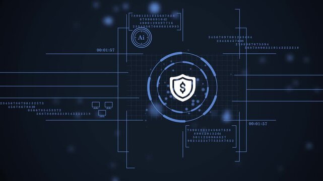 futuristic financial security protection. future of digital banking: high-tech hud animation. sci-fi visualization of a secure financial network. ai-powered secure payment and transaction interface.