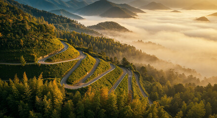 Aerial View of Misty Road Through Dense Bamboo Forest