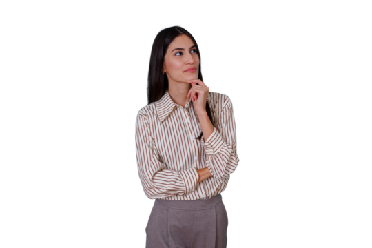 Professional woman thinking, generating innovative ideas, finding a successful solution, isolated on transparent background