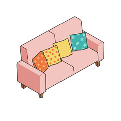 Cute isometric illustration of a pink sofa adorned with colorful patterned pillows.