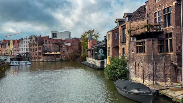 Medieval architecture on the autumn streets of the historic center of Ghent, Flanders, Belgium, October 22, 2025. High quality 4k footage