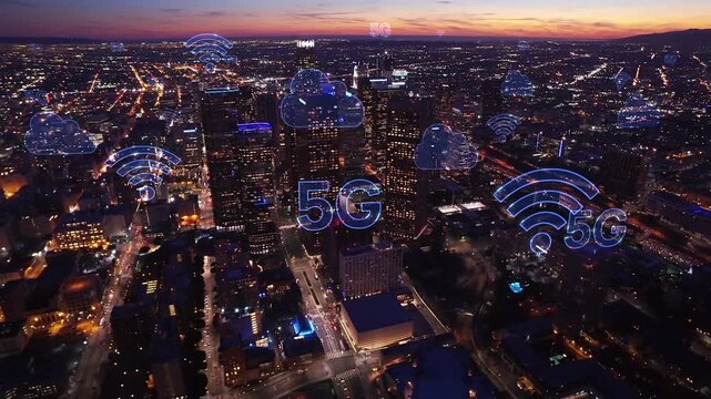 Aerial city wireless network connected by 5G, mobile technology concept, data communication, cloud computing, artificial intelligence, Internet of Things skyline