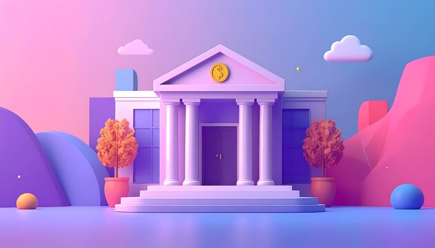 Soft 3D illustration of a bank building with a simple and clear design