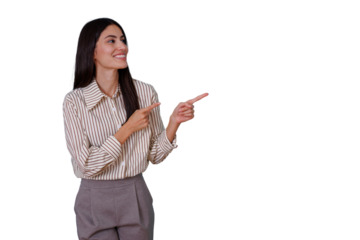 Businesswoman smiling and pointing fingers to the side, presenting with transparent background and blank copy space