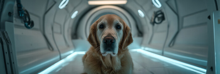 A golden retriever is guided by robotic arms within a sleek rehabilitation capsule. This setup focuses on fitness and recovery to enhance the dog is mobility and overall well being, banner