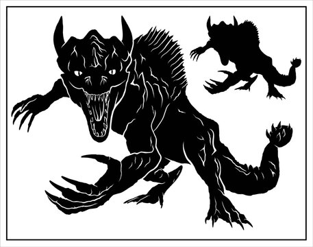 Silhouette of a predatory dinosaur with horns on its head, spikes on its tail and a crest on its back without a background. A prehistoric reptile with an open mouth, sharp claws and full-length teeth.