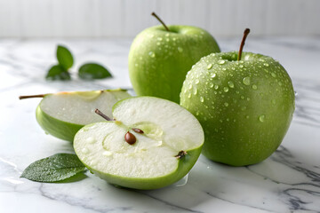 Fresh Green Apples with Water Drops and Sliced Half on Marble Background