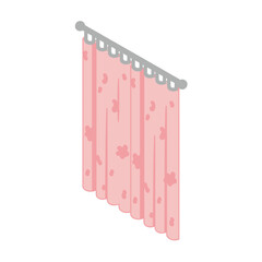 Isometric cartoon illustration of a single pink floral curtain panel.