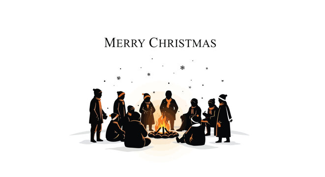 Merry christmas greeting with silhouetted people gathered around a warm campfire in the snow with falling snowflakes