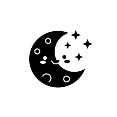 Cute Black and White Sleeping Moon and Stars Vector Icon