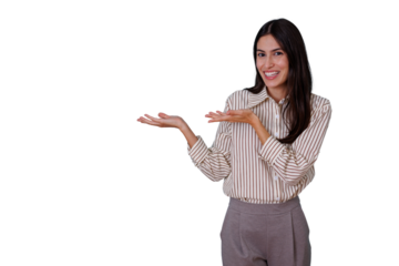 Smiling woman presenting information with open hands, showing copy space on a transparent background