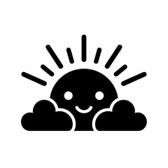 Cute smiling sun rising over clouds glyph icon for weather and happy forecast